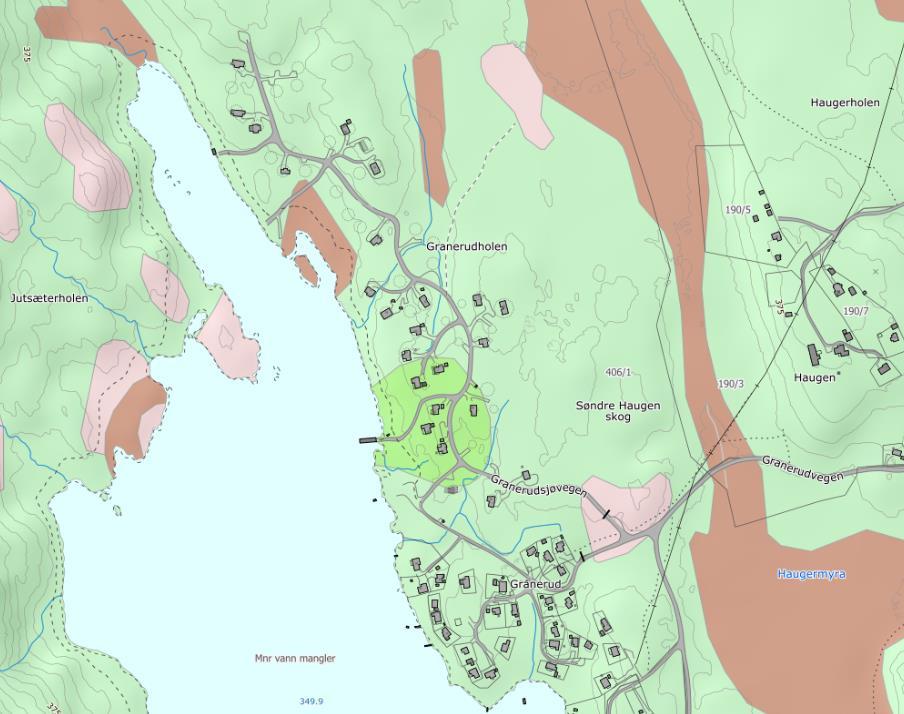 orebrønn nord Tappepunkt vann orebrønn sør Figur 5. Løsmassekart over Granerudsjøen hyttefelt (NGU, 2019). Eksisterende borebrønner i fjell er markert med blå sirkler.