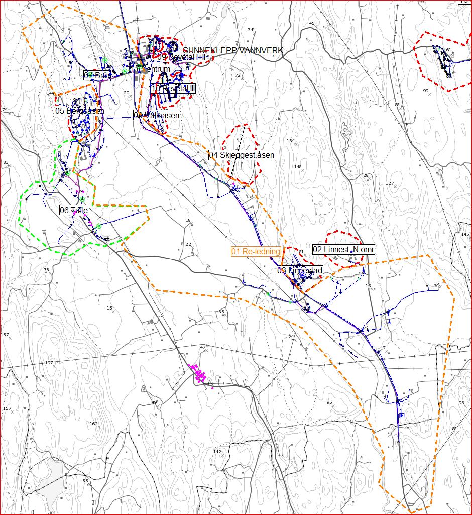 20 6.1.1 Sone 01: Re ledning Beskrivelse Kommunens største sone der vann inn i sonen måles via VVs måler på Fadum helt syd i sonen.