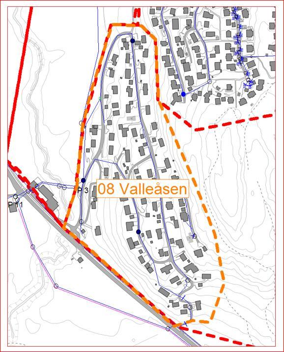 27 6.1.8 Sone 08: Valleåsen ny målesone Beskrivelse Lukket sone som ligger til rette for måling. Sonen har en trykkøkningsstasjon inne i sonen, men der er det ingen måling eller driftskontroll.