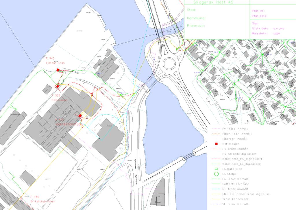 Figur 16: ledningstrasekart med Skagerak Nett, Skagerak Varme og Air Liquide Skagerak (Naturgass) sine traseer over område i Hydrovegen 1 Energiforsyning: Ledningstraseer for fjernvarme og