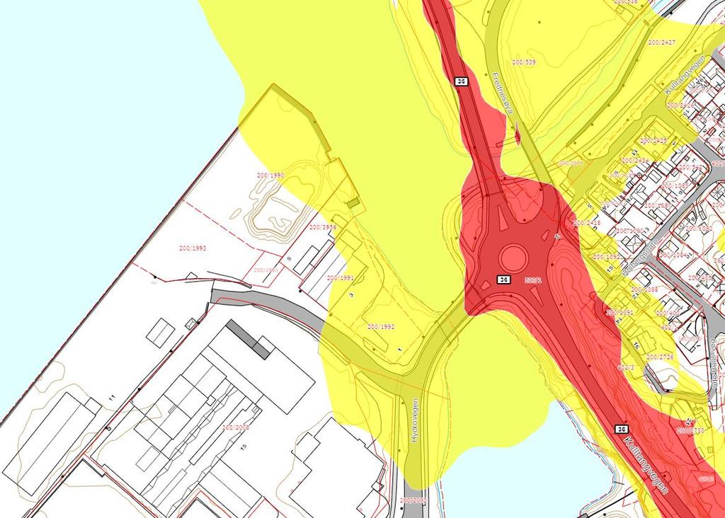 4.15 Støyforhold Figur 23: Støysonekart, vegvesenets prognose 2025 Kommuneplanens arealdel viser området delvis avsatt innenfor gul støysone.