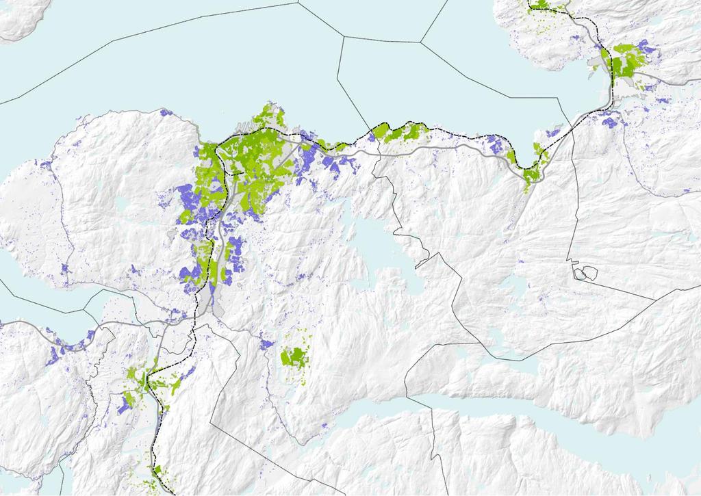 Mørk grønne prikker stor potensial, lys grønne prikker middels potensial for miljøvennlig transportmiddelvalg Boliger som er ferdig bygd per 31.12.