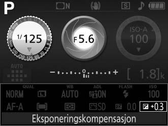 For å velge en verdi for eksponeringskompensasjon, holder du E (N)-knappen trykket ned og dreier på kommandohjulet til ønsket verdi er valgt i søkeren eller