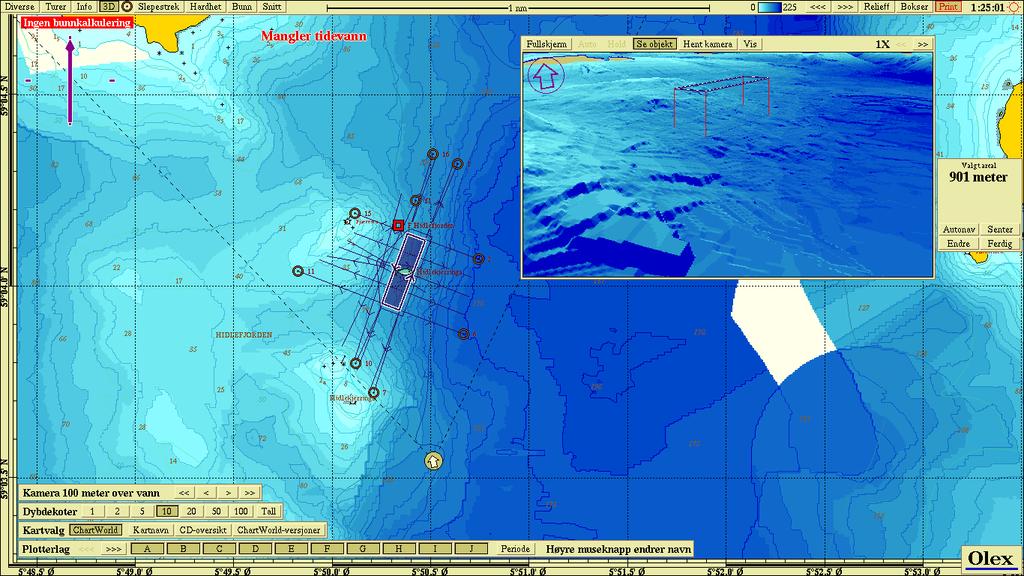 5.7 Beskrivelse av vanndybde, bunntype og topografi Figur 1: Dybder og bunntopografi ved lokaliteten (Olex). Ut i fra Olex kart varierte dybden under anlegget fra ca. 9-12 meter.