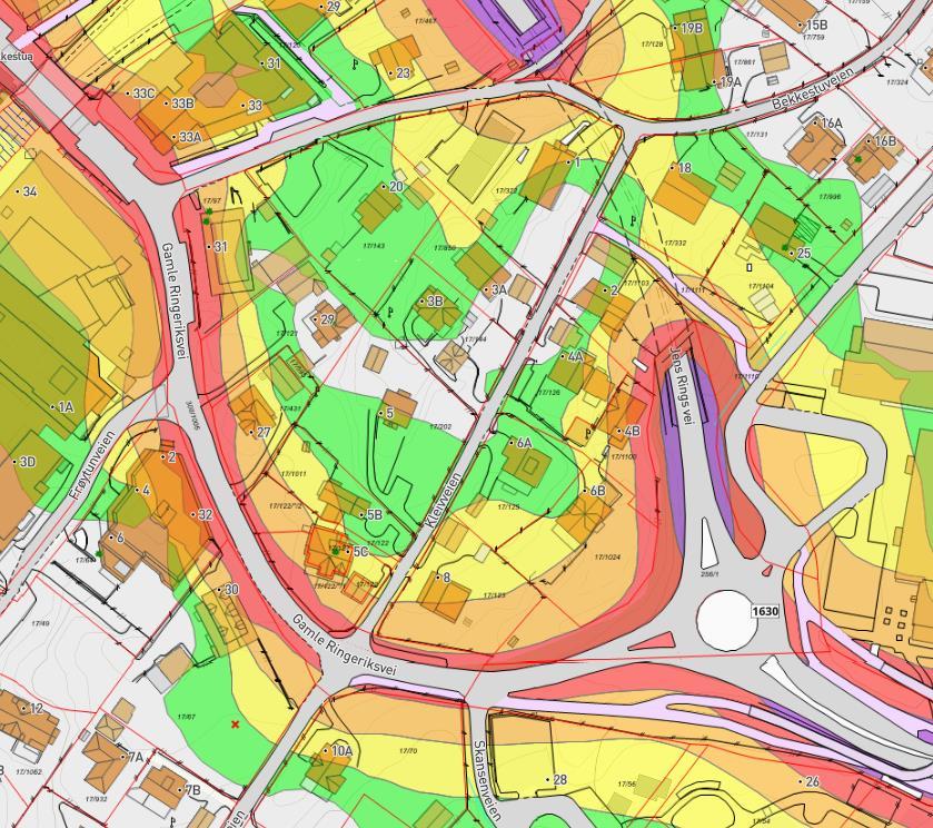 3.5 Støyforhold og luftkvalitet 3.5.1 Støy Planområdet er noe utsatt for støy fra biltrafikk, særlig fra fv. 165 ved kulvertåpning i syd. 3.5.2 Luftkvalitet Figur 8: Støysonekart (Kilde: Bærumskart) Det er registrert noe luftforurensning, hovedsakelig fra privat vedfyring.