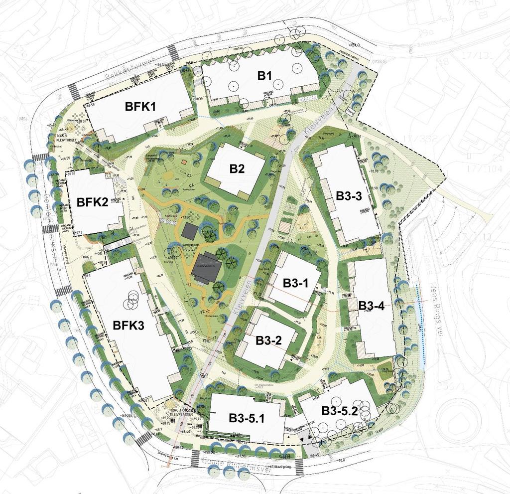 Trinnfri universell adkomst til boliger og utearealer skjer via Kleivveien (gang-og sykkelvei) fra Gamle Ringerikesvei i sør og Bekkestuveien i nord. Kleivveien får maksimal stigning 1:15.