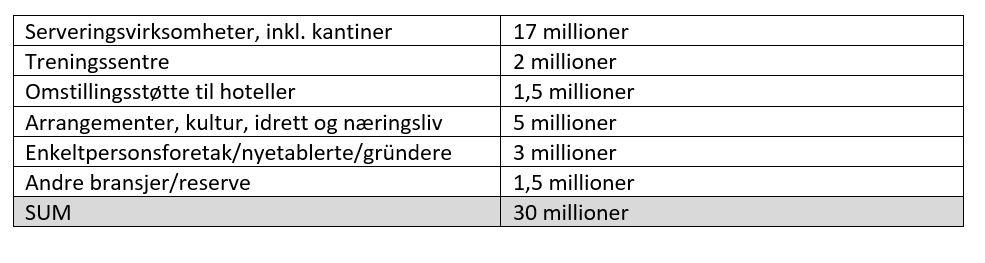 6 hovedposter. Videre ber Kommunedirektøren om fullmakt til å gjøre justeringer hvis det viser seg som formålstjenlig for å sikre en optimal tildeling de virksomhetene som er hardest rammet.