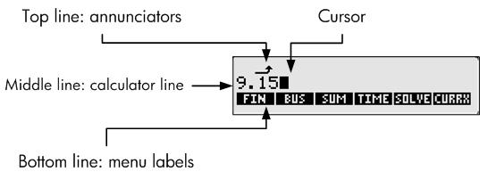 Skjermen Skjermen består av tre linjer. Se Figur 2 nedenfor: På den øverste linjen vises indikatorene. Indikatorer er symboler som indikerer kalkulatorstatusen for bestemte operasjoner.