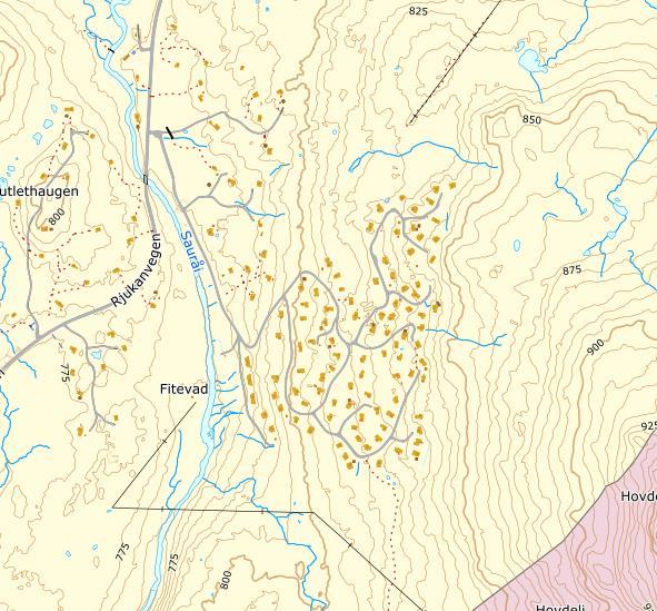 Figur 13: Bildet øvst til høgre viser lausmassene i området (brun: torv og myr, grøn: morenemateriale, rosa: bart fjell,