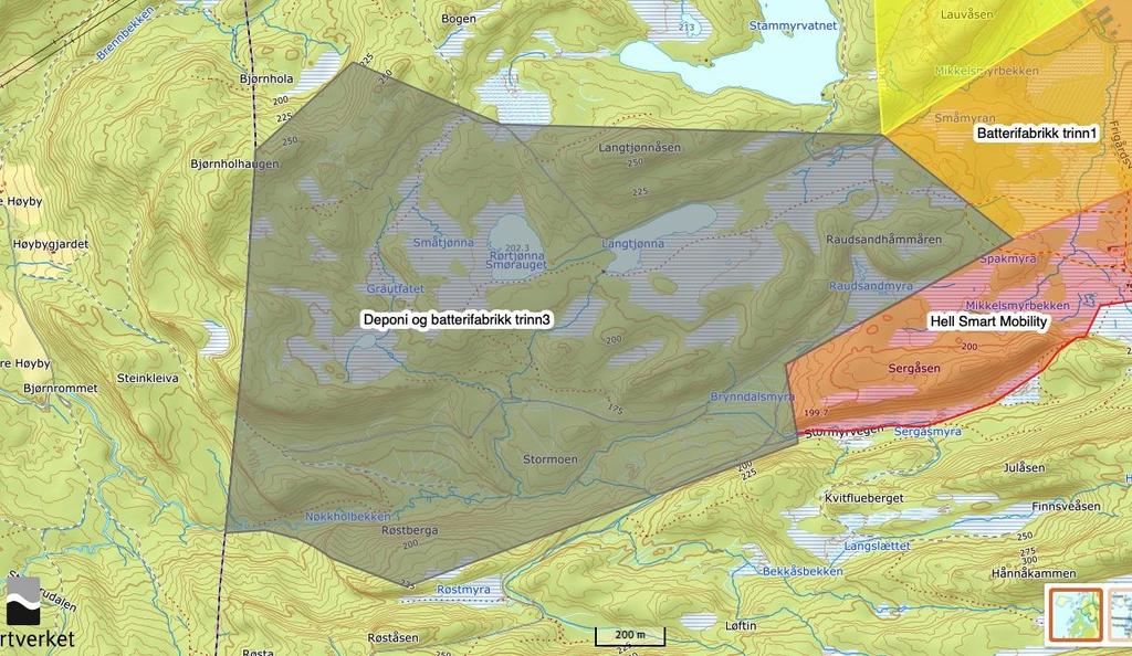 Kartillustrasjon utarbeidet på bakgrunn av kommunens søknad om batterifabrikk. Kleppen Litjfjellet Grønlivatna Inngrepsfri og villmarkspreget natur i Leksdal statsallmenning.