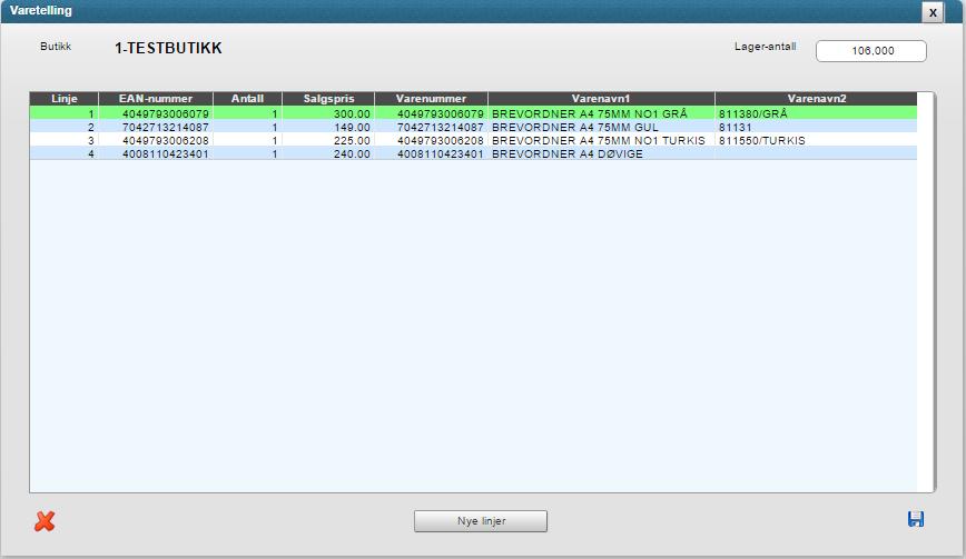 Du kan i dette bildet bearbeide varelinjer (legge til nye linjer, endre antall og slette).