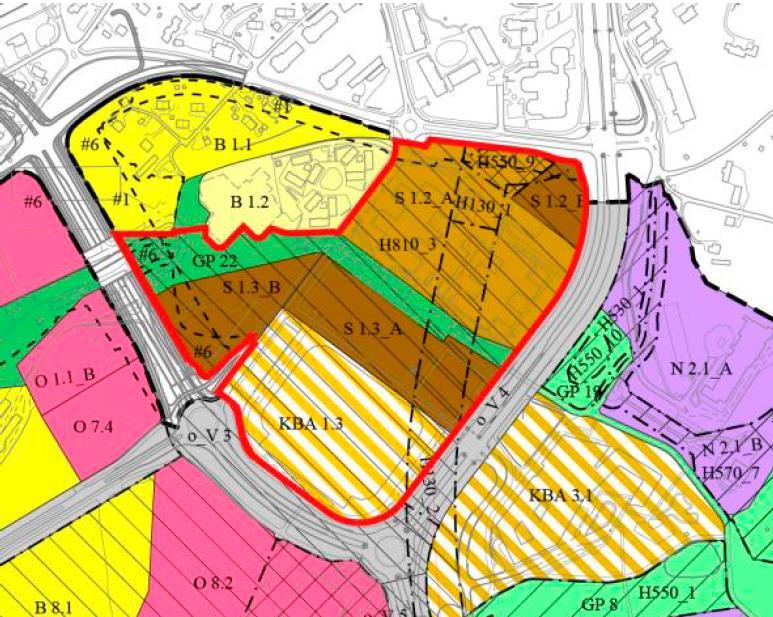 Rød avgrensning viser området ved Fornebuporten der det i KDP3 stilles krav om felles plan. Innenfor planområdet ligger feltene S1.2_B, S1.3_A, S1.3_B, KBA 1.3 og GP 22. KDP3s 35.