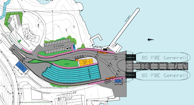 Reguleringsplanen viser planlagt og eksisterende pir for ferjer som kaiformål.