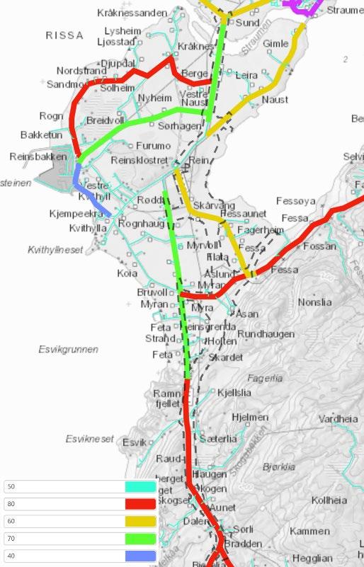 Fartsgrense: Fartsgrensen i planområdet ligger under 80 km/t i sin helhet fra Sund til Reinsgrenda. Fra Reinsgrenda og sørover er fartsgrensa 80 km/t.