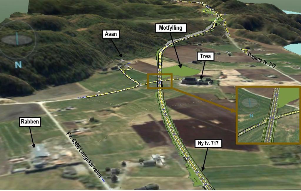 Figur 17: Ny fv. 717 mot Åsan. Det lille utsnittet viser krysningspunkt for gående- og syklende, og driftskjøretøy mellom Åsan og Trøa.