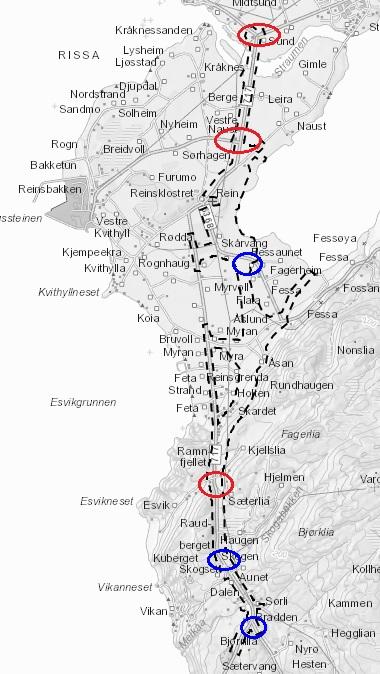 Kollektivtilbud: Figur 21 viser hvilke holdeplasser som opprettholdes og hvilke nye holdeplasser som anlegges. Det er nye holdeplasser mellom Reins kloster og Øverskardet, og ved Bradden.