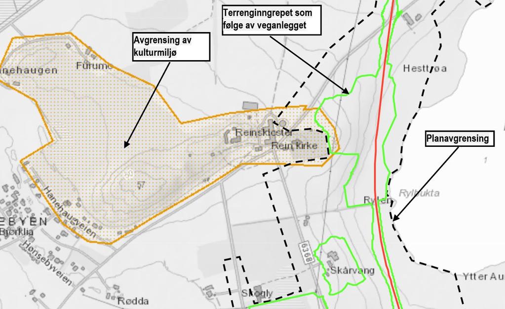 Figur 39: Avgrensing av kulturmiljøet ved Reins kloster Avgrensing og inngrep i området som følge av veganlegget er vist i Figur 39.