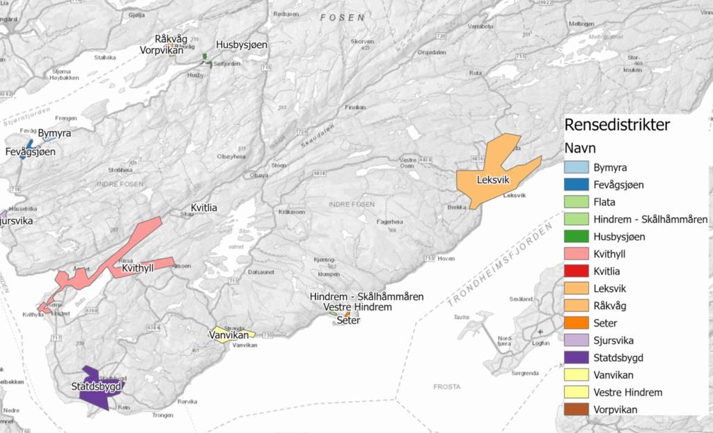 Figur 4: Rensedistrikter for kommunalt avløp I de neste delkapitlene presenteres avløpssystemet i de ulike rensedistriktene, presentert fra Råkvåg i nord til Stadsbygd i sør til Leksvik i øst.