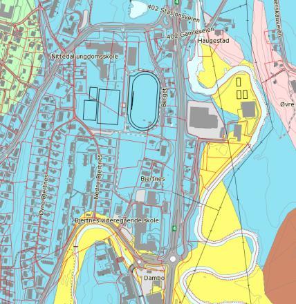 Grunnforhold Figur 6 Løsmassekart. Kilde: www.ngu.no Figur 7 Borplan områdestabilitetsvurdering (Multiconsult). Oransje sirkler: borpunkt. Røde: tidligere undersøkelser.