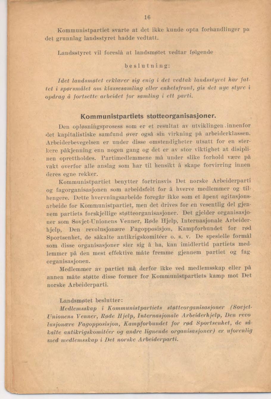 16 Kommunistpartiet svarte at det ikke knude opta forliaiidlinger j)fi det grunulag landsstyret hadde vedtatt.