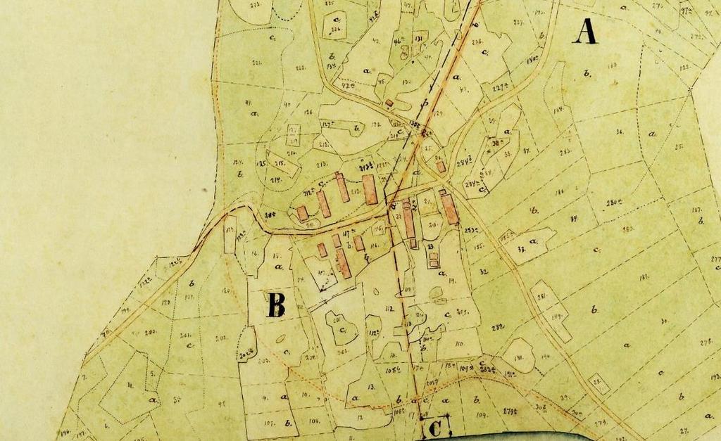 Bebyggelsen er orientert mot sørøst og nordvest, og oppfattes å være skråstilt mot vinden. Bare noen få mindre bygninger står på tvers av vinden, og de har inngangsdør i gavlen.