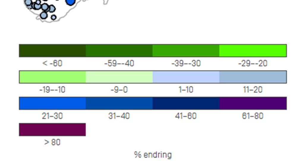 Figur 3: Sannsynlighet for 200 års-flom i perioden 2071-2100 i et middels utslippsscenario For tiårsperioden 2008-2018 har vannskader vært den hyppigste skadeårsaken for bygninger, og den nest