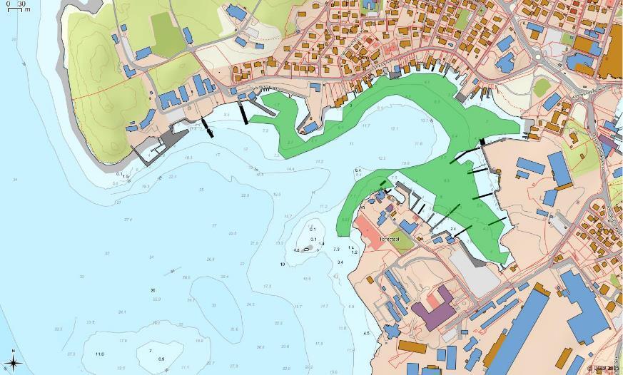 Figur 3.2. Undersøkelsesområde ligger i sin helhet inne i Bangavågen. Ålegrasengens avgrensning etter feltbefaring gjennomført i 2012 (NIVA)er markert med grønn skravur.