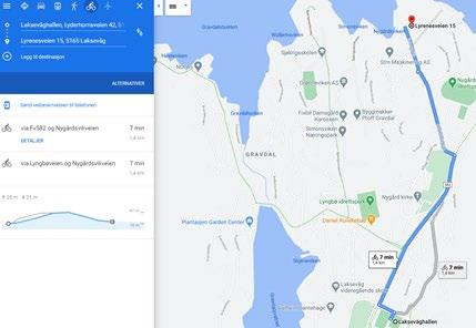 Figur 17 Ulike reisemiddel er aktuell på ulike strekninger Figuren under viser avstand på 1,5 km i luftlinje fra Laksevåg hallen vist med en sirkel.