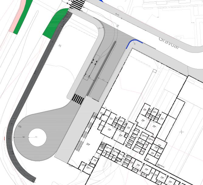 Det forventes ikke mye gangtrafikk som passerer over adkomst til parkeringskjeller og snusløyfe for idrettsanlegget.