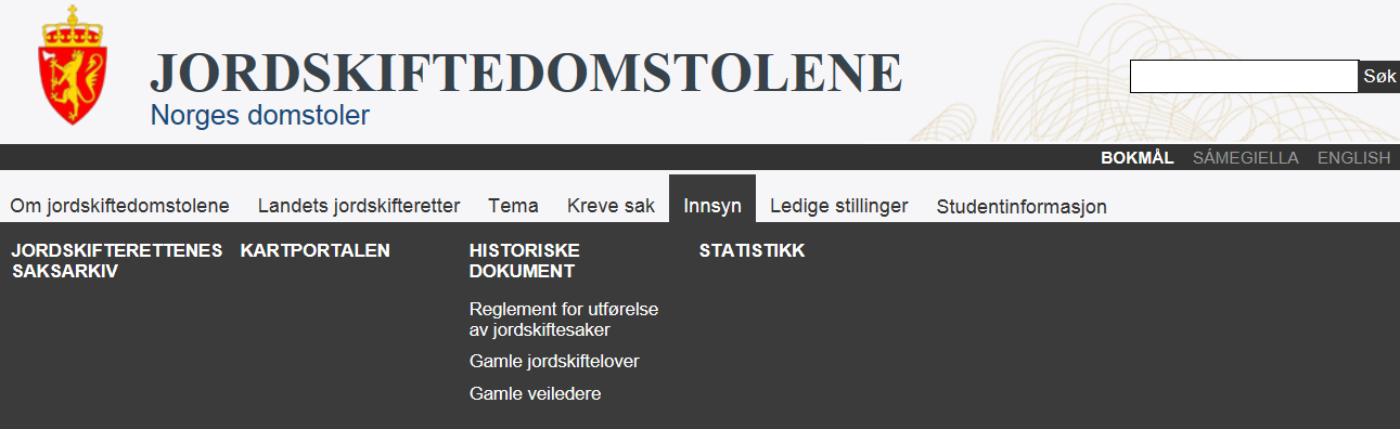 Utsnitt fra hjemmesiden til Jordskiftedomstolene (www.domstol.no/no/enkeltdomstol/jordskiftedomstolene/ ) hvor man kan gå videre til Jordskifterettenes saksarkiv og kartportal. 5.