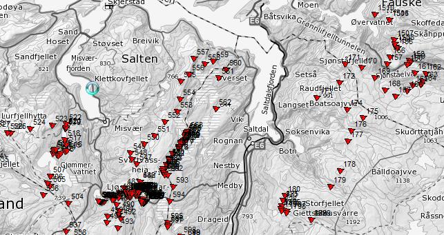 Kartutsnitt fra Salten som viser målinger av grenser/grensepunkt med håndholdt GPS. Her mangler linjer mellom punktene.