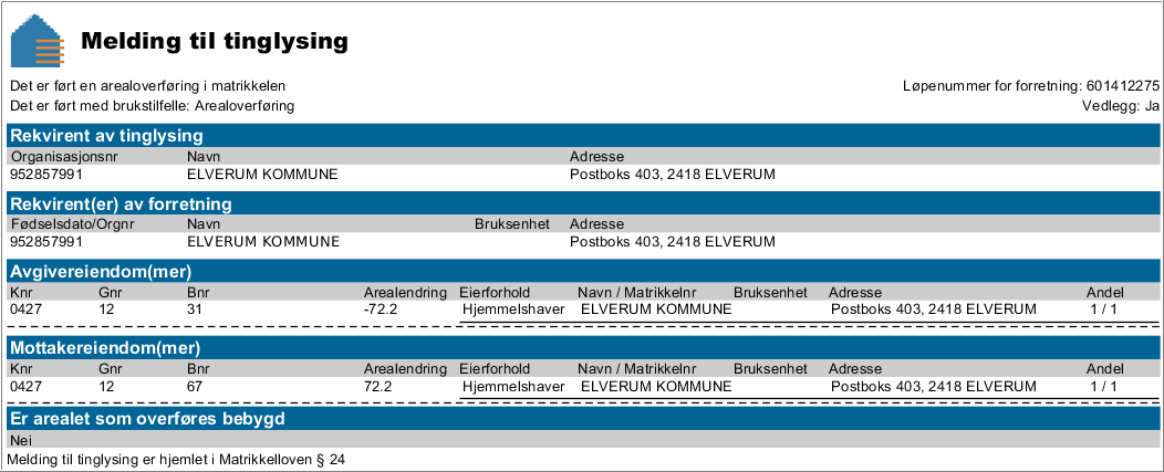 4.5 Arealoverføring 4.5.1 Arealoverføring Ved arealoverføring mellom matrikkelenheter med forskjellige hjemmelshaver(e): Erklæring om arealoverføring. Eventuell konsesjonsdokumentasjon.