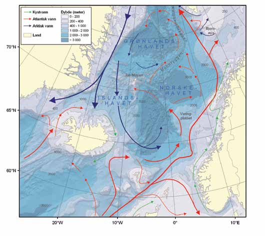 Marine miljø Miljøforhold og påvirkninger for rødlistearter Figur 3. Dybdeforhold og hovedstrømsystemer i norske kyst- og havområder. Kilde: Havforskningsinstituttet.