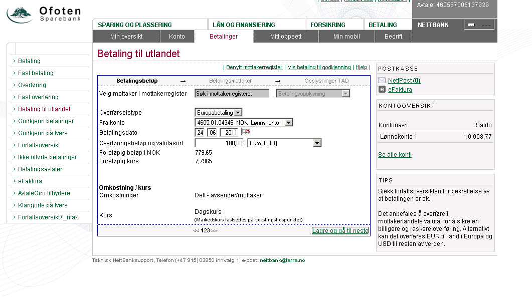 Eksempel på ferdig registrert skjermbilde trinn 1: Trykk deretter lagre og gå til neste. Inntastede opplysninger lagres og man kommer til trinn 2.