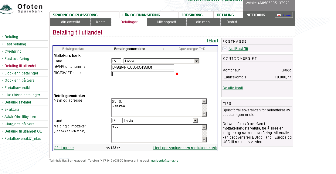 Deretter trykker man på linken Hent opplysninger om mottakers bank og