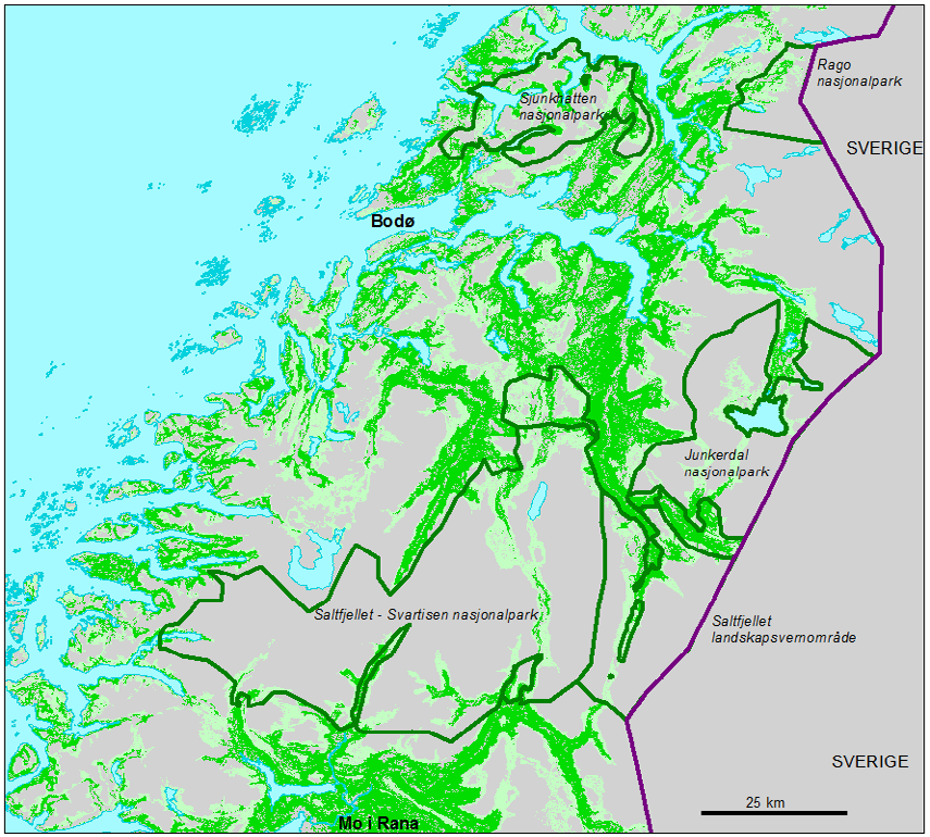 fjord og daler danner et ganske intrikat mønster som gjør at 'fjellnatur' ikke umiddelbart er enkelt å avgrense geografisk.