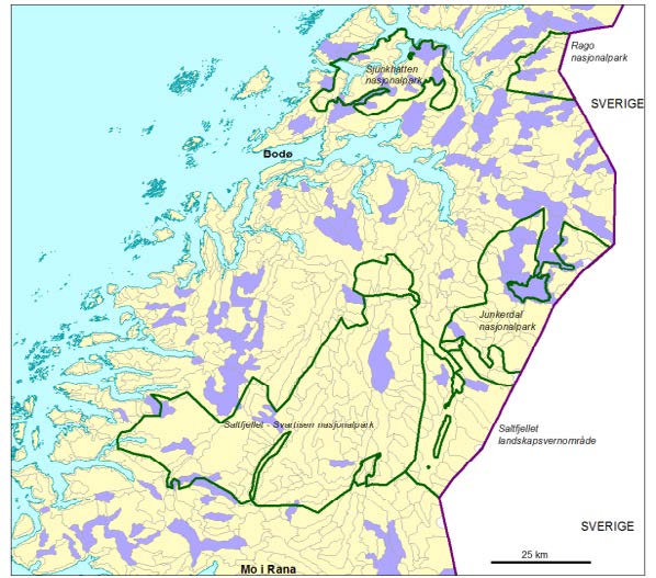 tindepreg og klasse to (rosa) at det er tindepreg innenfor landskapsområdet.