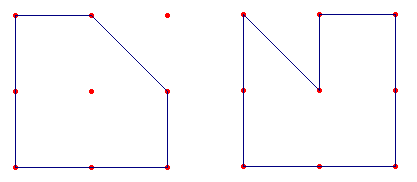 Oppgave 3 Mangekanter Oppgave: Begge disse mangekantene er laget på et geobrett med 3x3 pinner. Mangekanten til venstre har 1 pinne inni figuren og en utenfor.