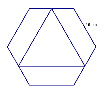 Oppgave 4 Hvor lang er siden? Figuren viser en regulær sekskant der siden er 10 cm. En regulær trekant har hjørner midt på tre av sekskantens sider, slik som på figuren.