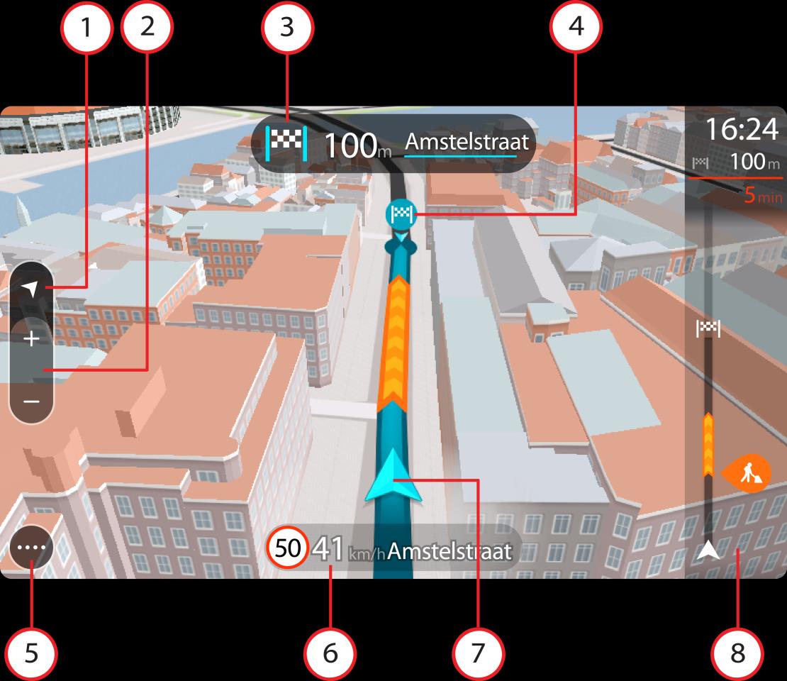 Når GO starter etter dvalemodus, og du har planlagt en rute, vises veiledningsvisningen med gjeldende posisjon. 1. Bytt visning-knapp.