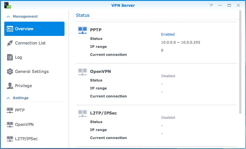 Brukerveiledning for Synology NAS Sett opp VPN-tilkobling VPN Server er en utvidelsespakke som lar Synology NAS bli en server av typen PPTP, OpenVPN eller L2TP/IPSec VPN (virtual private network),
