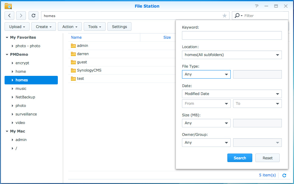 Søke etter filer eller mapper Brukerveiledning for Synology NAS Du kan skrive inn nøkkelord i feltet Filter øverst til høyre i File Station for å filtrere filer eller mapper i den åpne mappen.