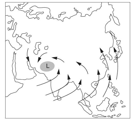 8) Monsuner er storstilte vind- og nedbørsystemer som skifter med årstidene på grunn av temperaturforskjeller mellom land og hav. Over de indre østlige deler av Asia er det kaldt om vinteren.