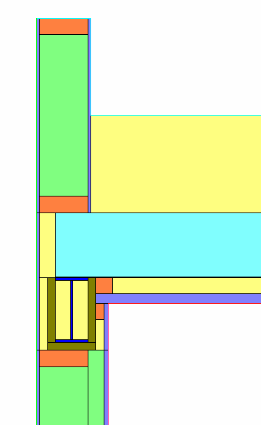 KuldebroAtlas Tabeller med kuldebroverdier Overgang mellom tak og vegg Detalj: Tilslutning mellom bindingsverksvegg og tak med trapeskorrugert stålplate (holdes opp av IP-bjelke).
