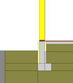 KuldebroAtlas Tabeller med kuldebroverdier Overgang mellom ringmur, vegg og golv på grunn Detalj: Tilslutning mellom bindingsverksvegg, golv på grunn og ringmur.