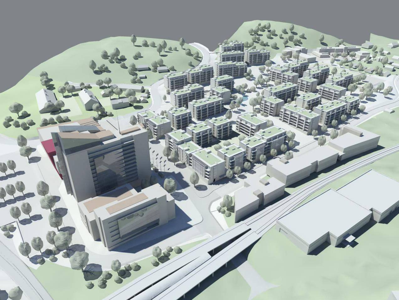 20 000 m 2 hotell/konferansesenter 10 000 m 2 badeland 2 barnehager på totalt 1 000 m 2 Skole med anslagsvis 40 ansatte og 400 elever Ny bensinstasjon Gangavstanden til stasjonen for nye boliger i