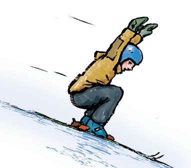 Ledsager gir beskjed om hvor den andre skal kjøre. Prøv på én ski. Bikkja i bakken. Hold tak i skituppene mens knærne hviler på skiene. Kjør ned bakken. Kjør om kapp!