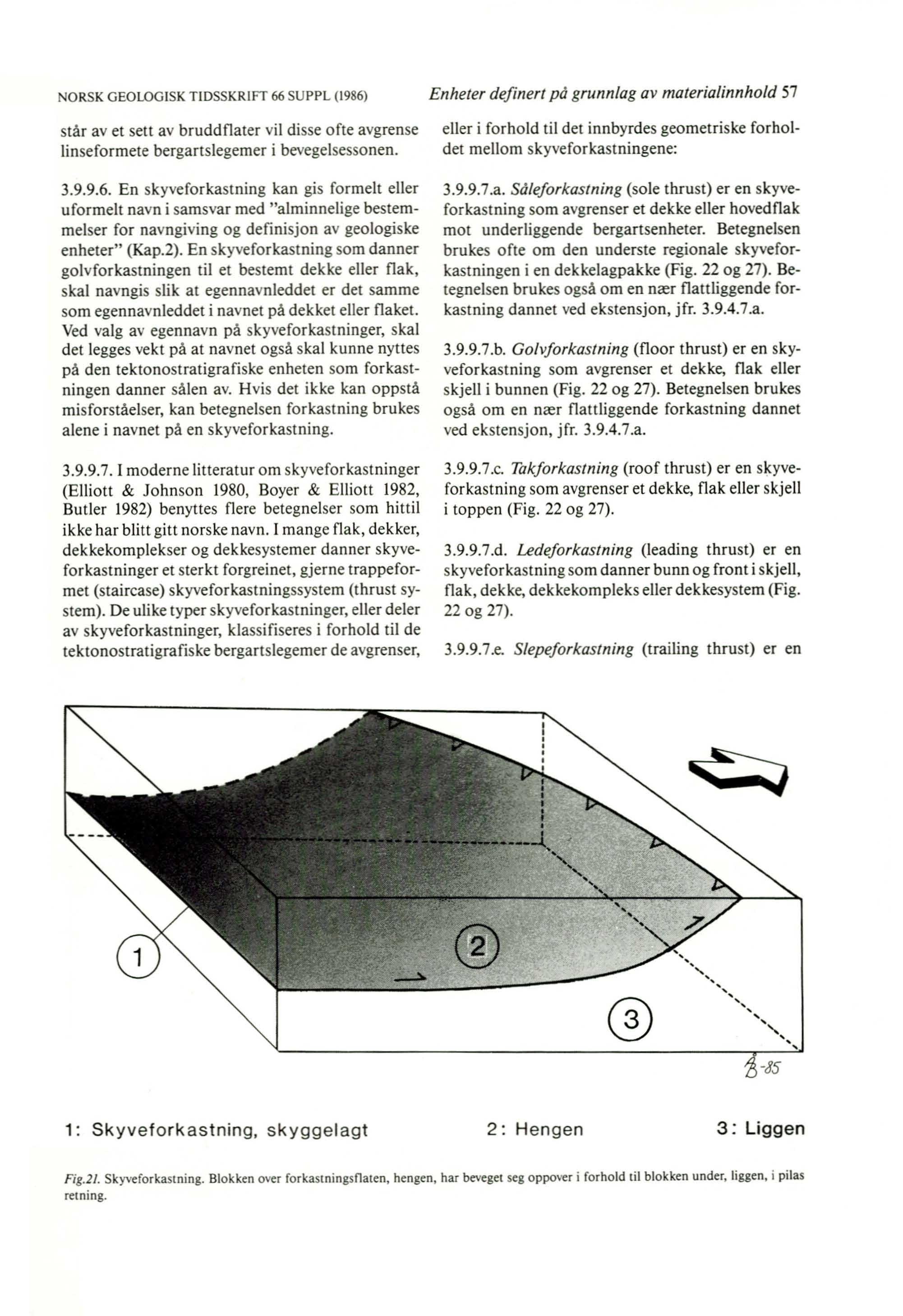 ORSK GEOLOGISK TlDSSKR IFr 66 SUPPL (1986) stå r av et sett av bruddflater vil disse ofte avgrense linsefor mete bergartslegemer i bevegelsessonen. 3.9.9.6. En skyvefor kastnin g kan gis formelt eller uformel t navn i samsvar med "alminnelige bestemmelser for navngiving og defini sjon av geologiske enheter" (Kap.