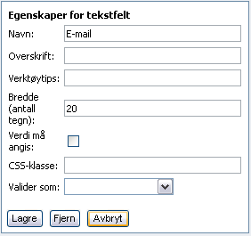 I feltet Tekst angir du teksten som skal vises for besøkende. Tekstfelt Tekstfelt er en felttype som gir besøkende et innmatingsfelt i form av en rad der de kan skrive inn tekst.