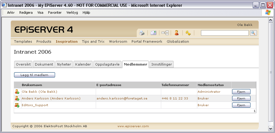 I listen vises informasjon om brukeren og hvilken status medlemmet har i rommet. Administratoren kan legge til, endre status på og fjerne medlemmer.